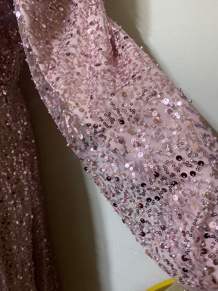 Pembe Uzun Kollu Drapeli Abiye Elbise - Görsel 2