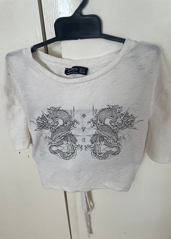 Baskılı Kısa Kollu Beyaz Crop Top