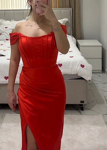 Parlak Kırmızı  Straplez Abiye Elbise - Görsel 4