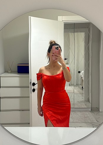 Parlak Kırmızı  Straplez Abiye Elbise - Görsel 2