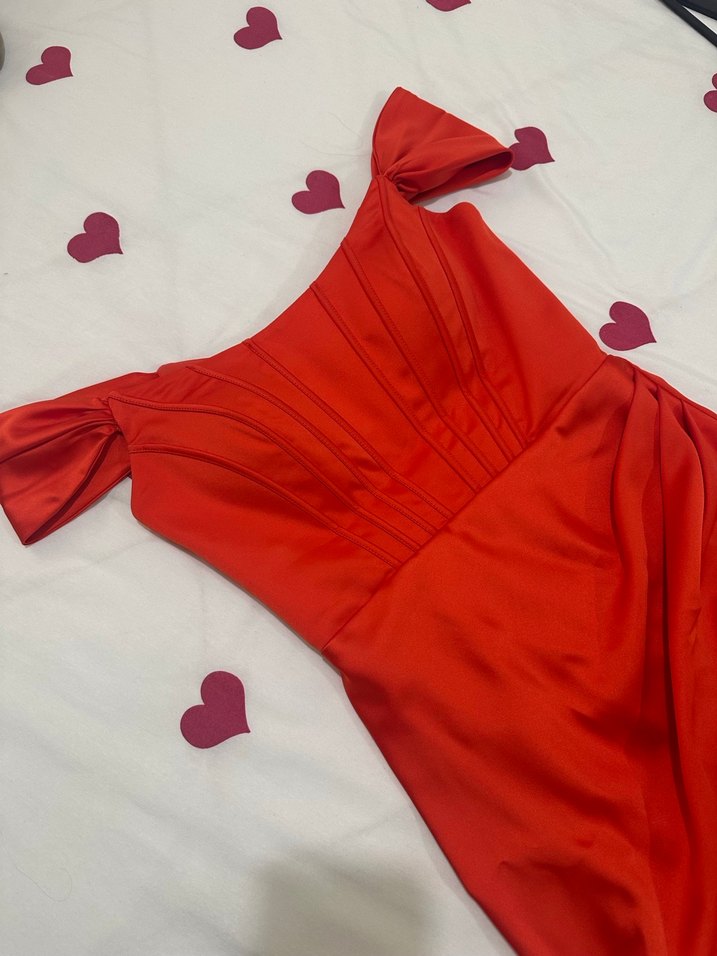 Parlak Kırmızı  Straplez Abiye Elbise - Görsel 5