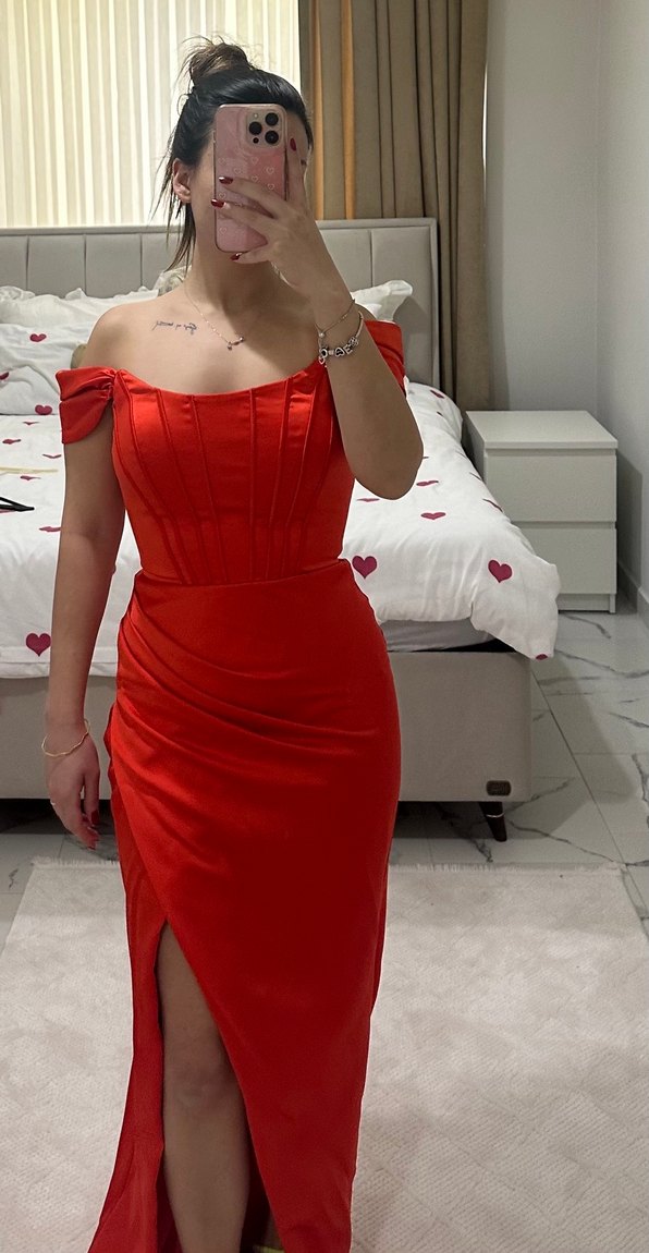 Parlak Kırmızı  Straplez Abiye Elbise - Görsel 4