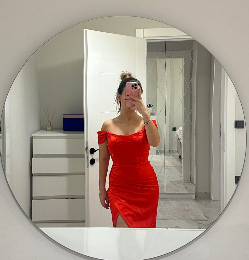 Parlak Kırmızı  Straplez Abiye Elbise - Görsel 2