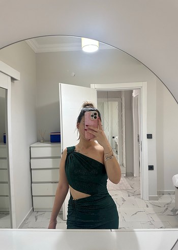 Parlak Yeşil Yılan Desenli abiye Elbise - Görsel 3