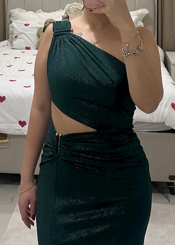 Parlak Yeşil Yılan Desenli abiye Elbise - Görsel 2