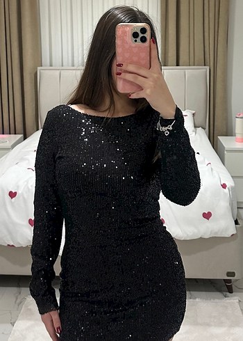 Uzun Kollu Siyah Parlak Midi Elbise - Görsel 2