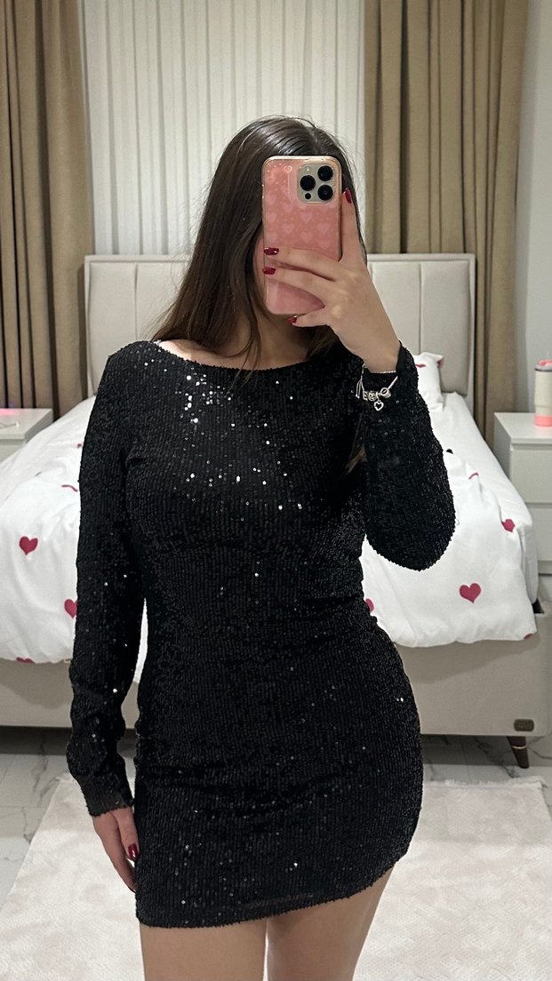 Uzun Kollu Siyah Parlak Midi Elbise - Görsel 2