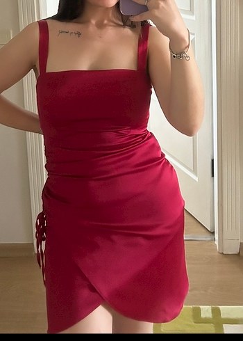 Bordo Drapeli Midi Straplez Abiye Elbise - Görsel 2