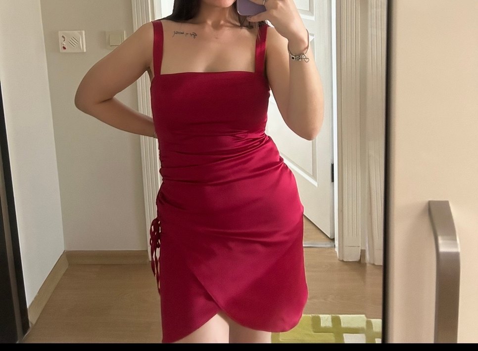 Bordo Drapeli Midi Straplez Abiye Elbise - Görsel 2