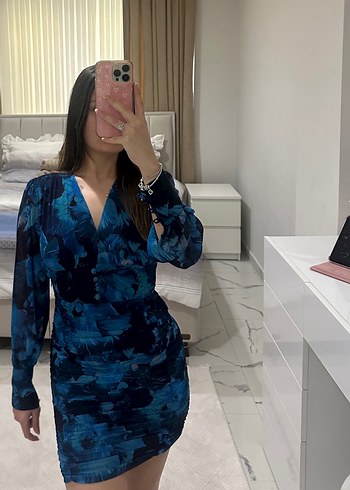 Şeffaf Detaylı Mavi Mini Elbise - Görsel 2