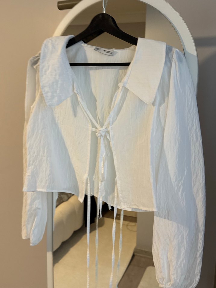 Beyaz Keten Kadın Bluz, Uzun Kollu, Salaş yeni etiketli - Görsel 2