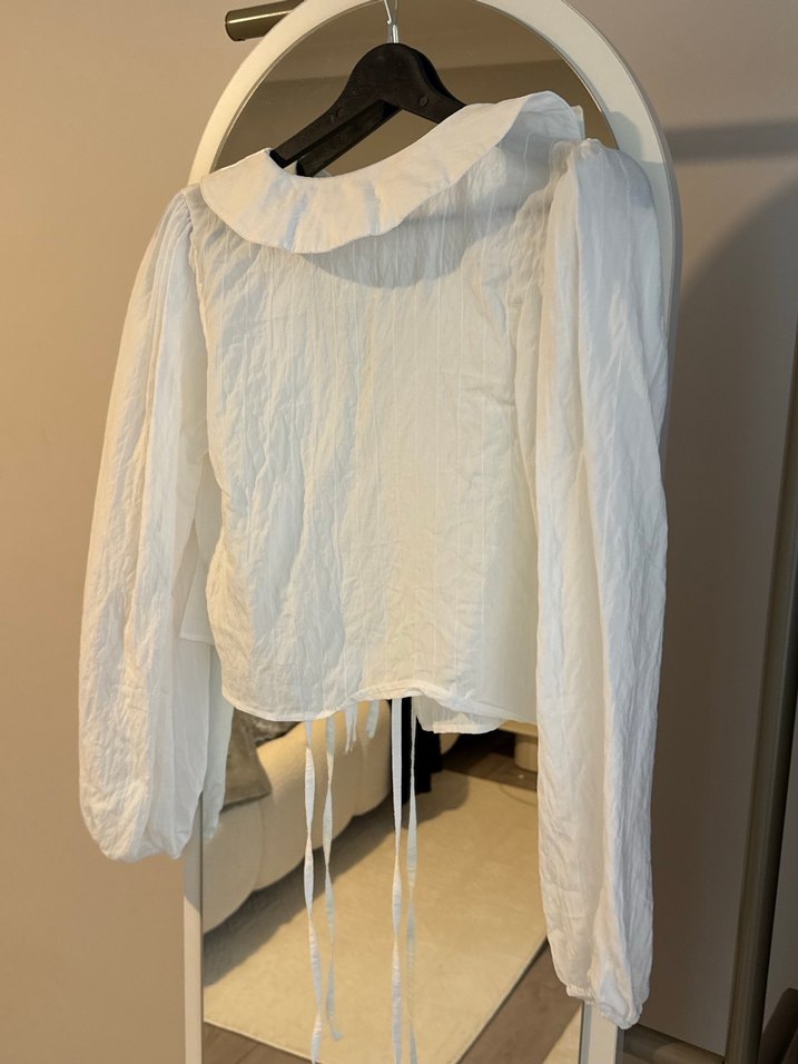 Beyaz Keten Kadın Bluz, Uzun Kollu, Salaş yeni etiketli - Görsel 3