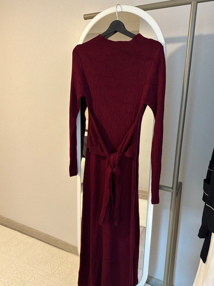 Bordo Uzun Kollu Kemerli Uzun Elbise - Görsel 2