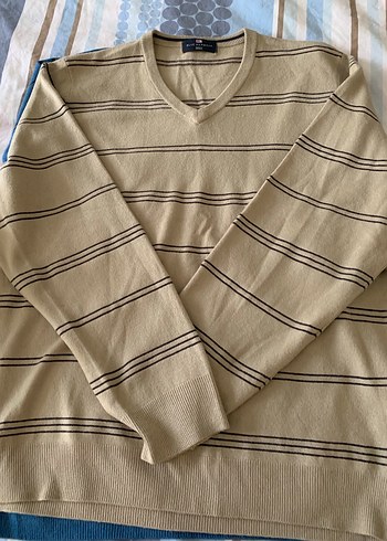 Mavi ve Bej Çizgili V Yaka Erkek Kazak - Görsel 3