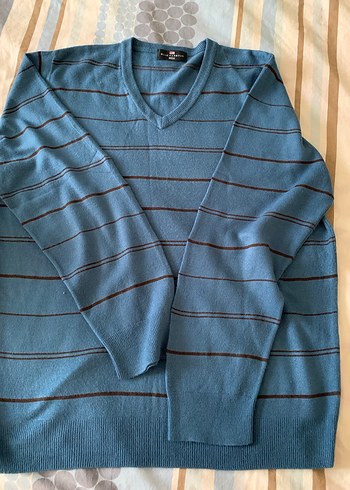 Mavi ve Bej Çizgili V Yaka Erkek Kazak - Görsel 6