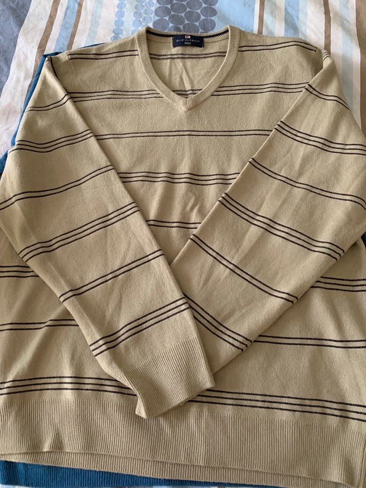 Mavi ve Bej Çizgili V Yaka Erkek Kazak - Görsel 3