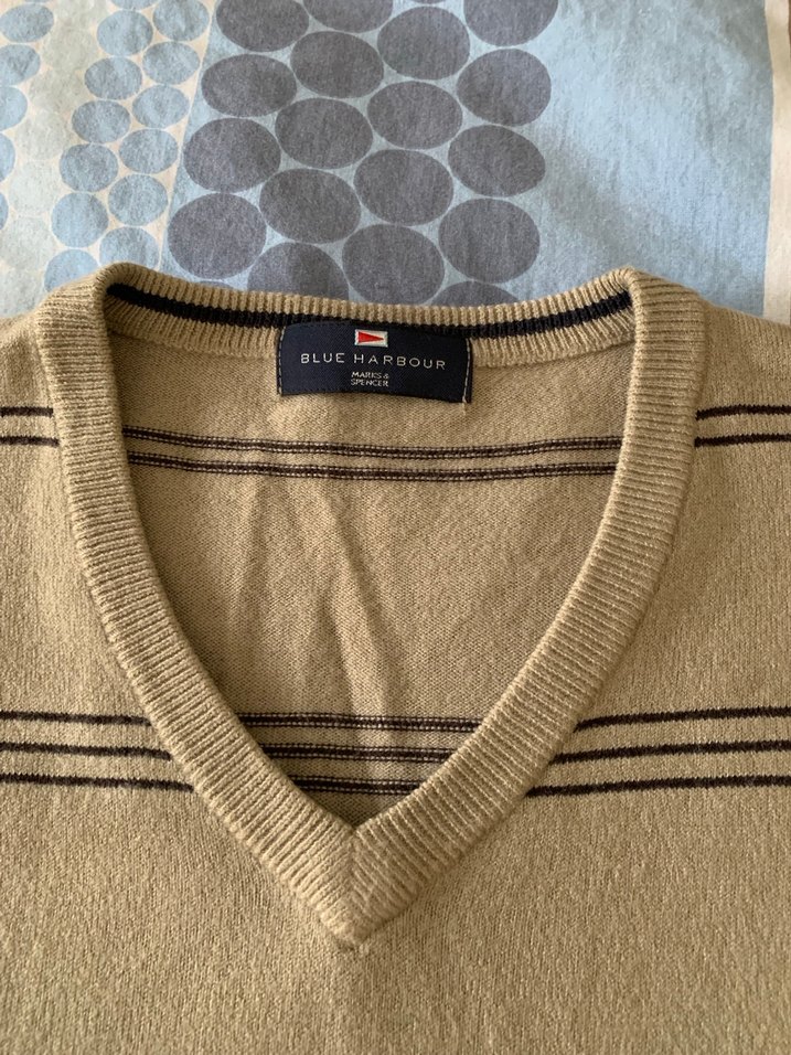 Mavi ve Bej Çizgili V Yaka Erkek Kazak - Görsel 2