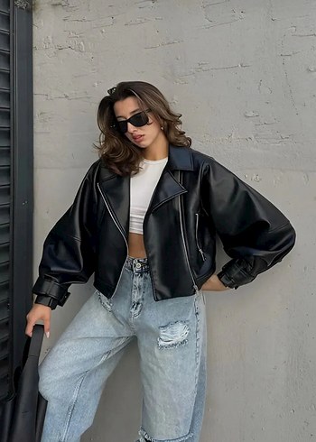 Siyah Oversize Deri Kadın Ceket