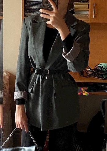 s Beden Kadın Gri Kemerli Midi Blazer Ceket