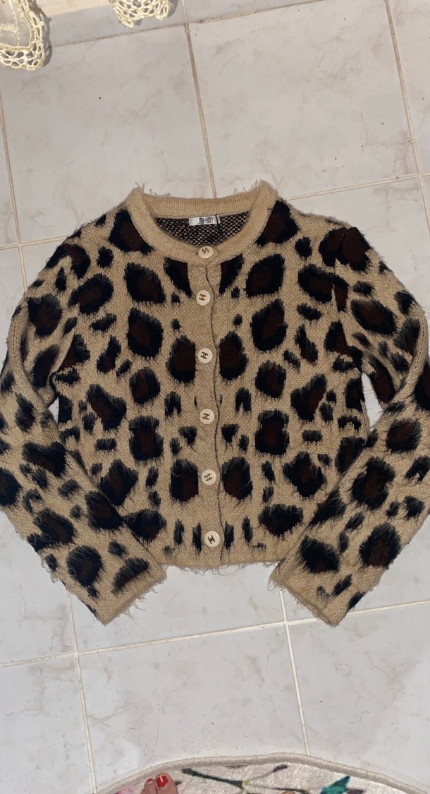 Kahverengi Leopar Desenli Kadın Hırka - Görsel 5