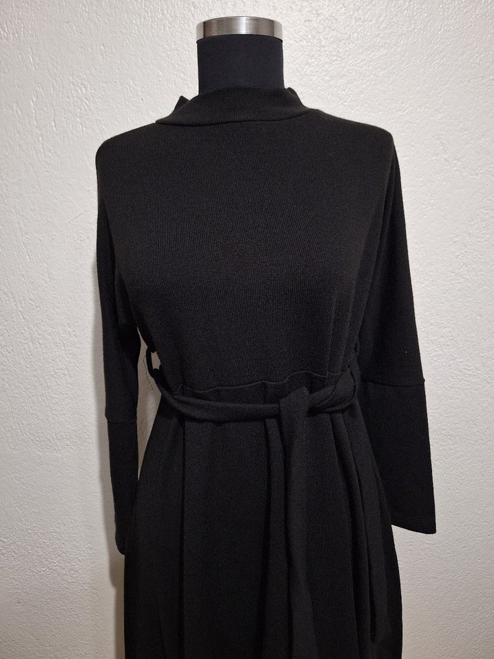 Uzun Siyah Kemerli Yüksek Yakalı Elbise - Görsel 2