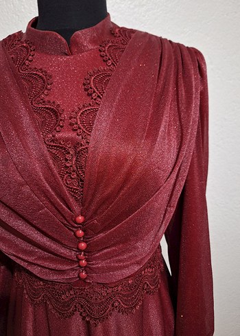 Bordo Vintage Uzun Abiye Elbise - Görsel 4