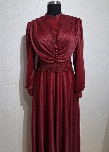 Bordo Vintage Uzun Abiye Elbise - Görsel 3