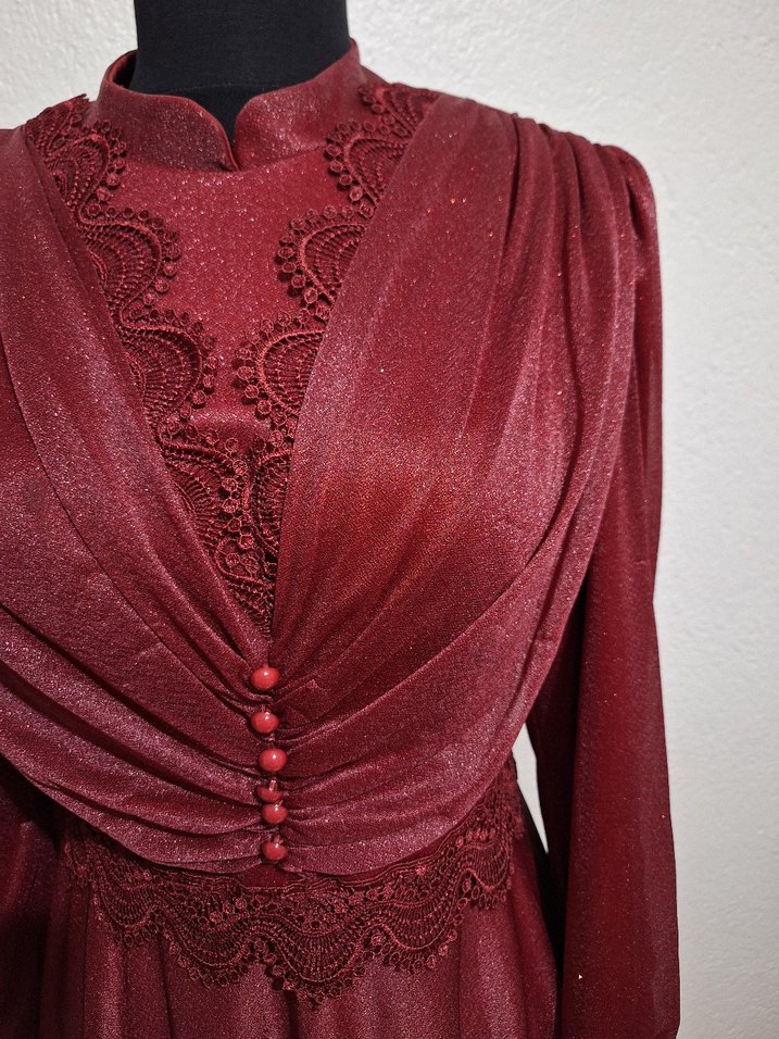 Bordo Vintage Uzun Abiye Elbise - Görsel 4