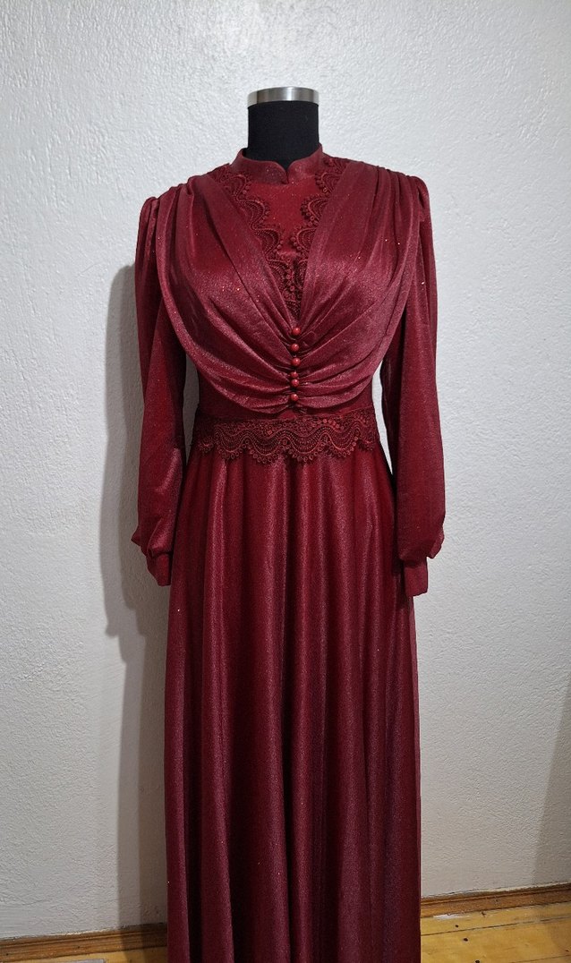 Bordo Vintage Uzun Abiye Elbise - Görsel 3