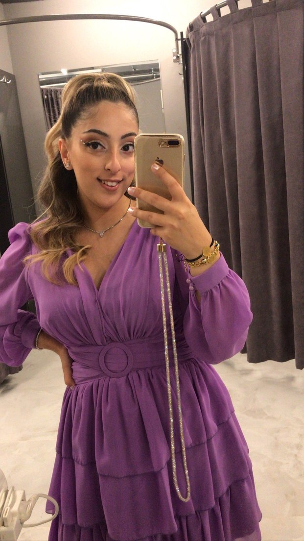 Mor V Yaka Mini Kat Kat Elbise - Görsel 2