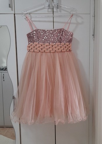 Pembe Payetli İnce Askılı Kız Elbisesi