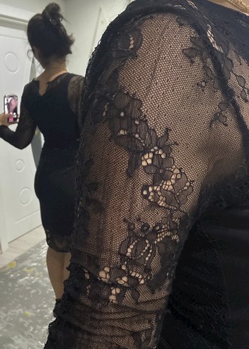 Dantel Detaylı Siyah Midi Elbise - Görsel 3