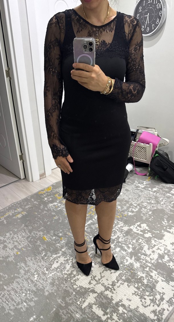 Dantel Detaylı Siyah Midi Elbise - Görsel 2