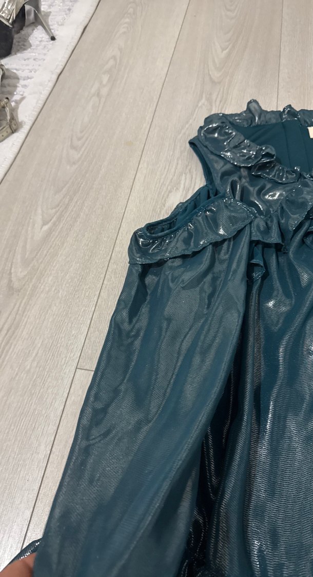 Uzun Kollu, Fırfırlı Lacivert Kadın Elbise - Görsel 3