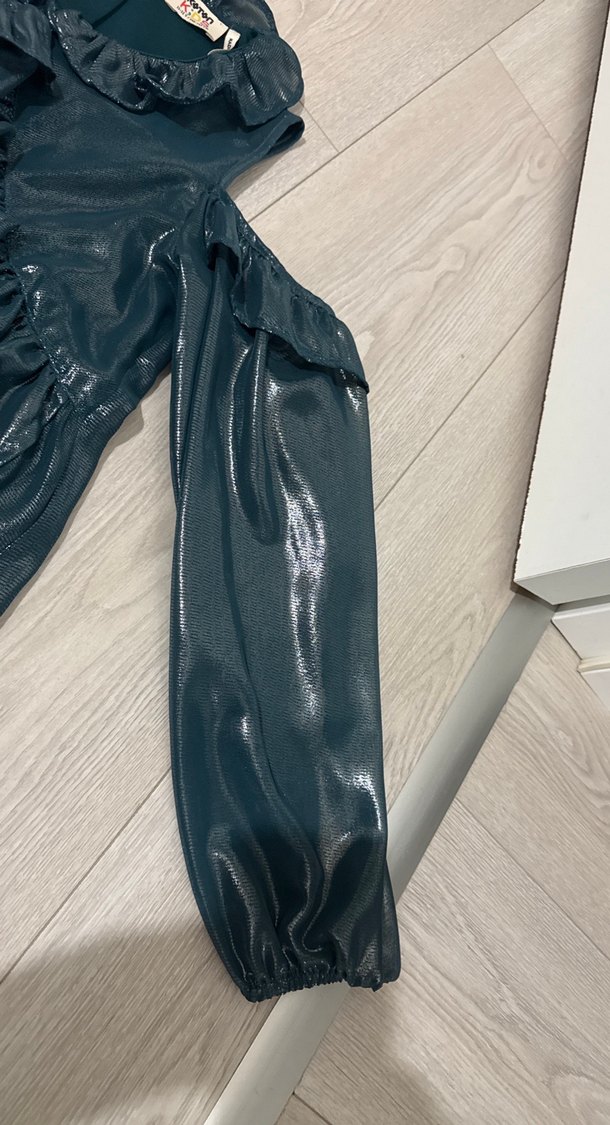 Uzun Kollu, Fırfırlı Lacivert Kadın Elbise - Görsel 4