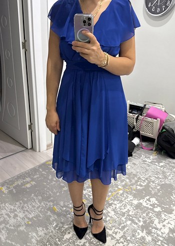 Mavi Drapeli Midi Elbise V Yaka Kısa Kollu - Görsel 2