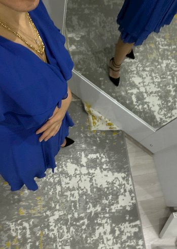 Mavi Drapeli Midi Elbise V Yaka Kısa Kollu - Görsel 3