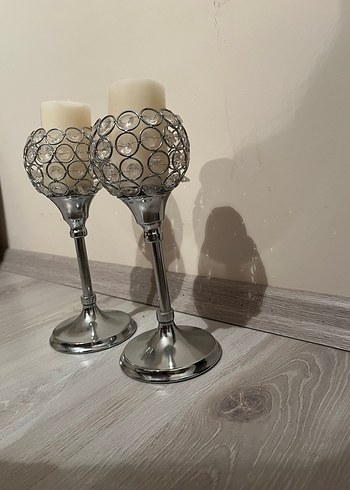 Diğer Gri Metal Kristal Mumluk ve Beyaz Mum