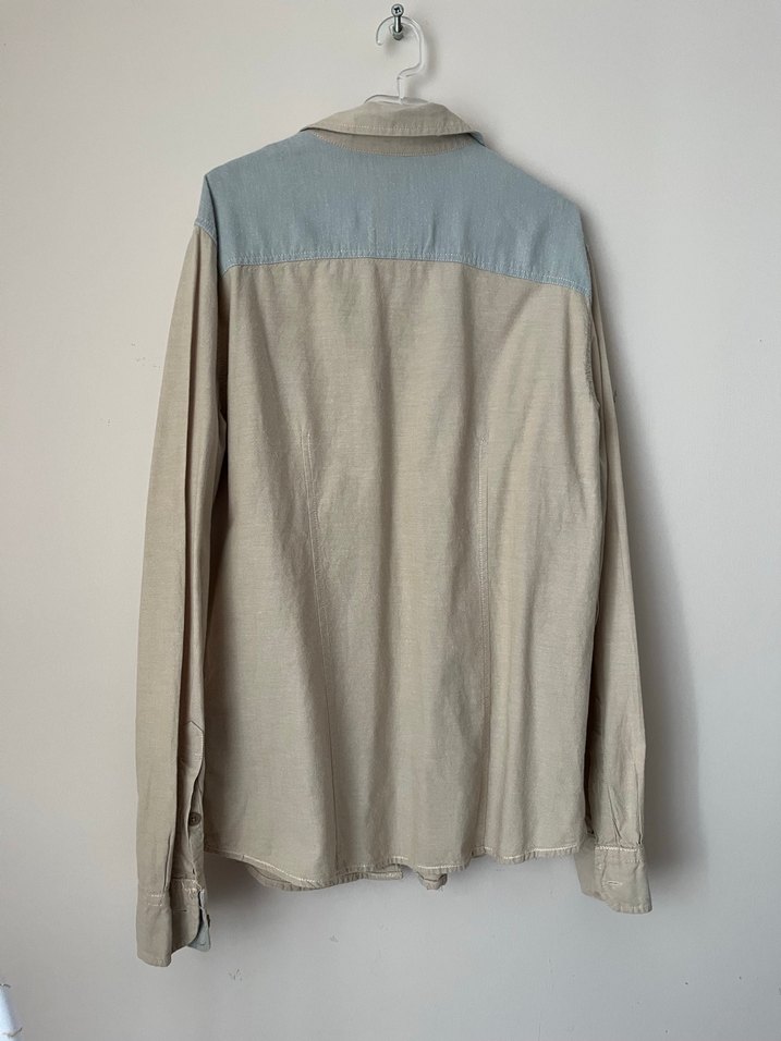 Bej Erkek Keten Gömlek, Uzun Kollu, Düğmeli - Görsel 3