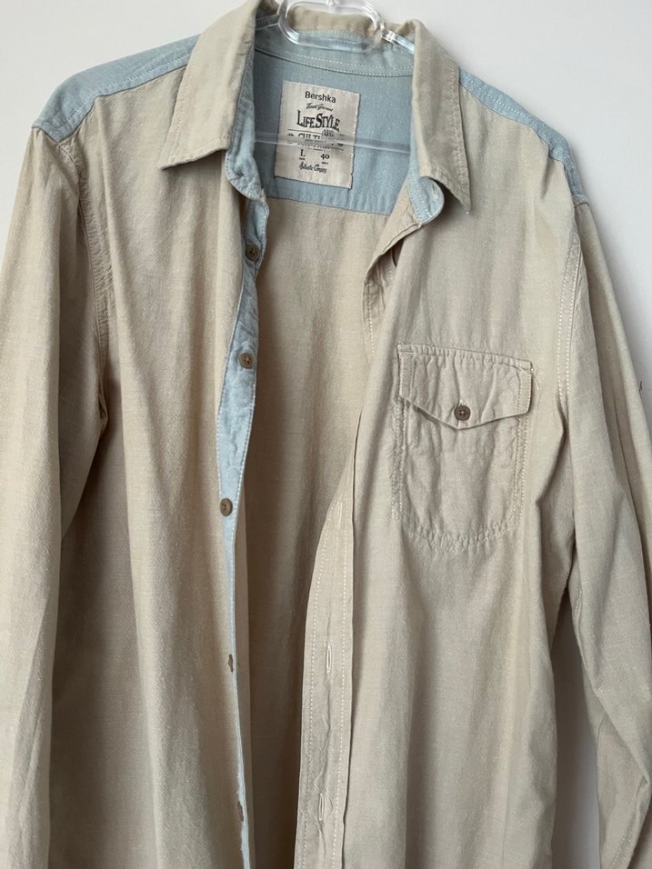 Bej Erkek Keten Gömlek, Uzun Kollu, Düğmeli - Görsel 2