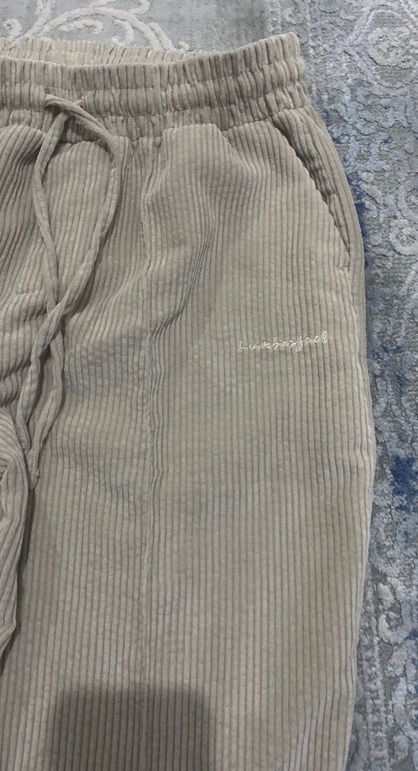 Kadın Bej Keten Pantolon, Pilili, Midi Boy ince kadife - Görsel 2