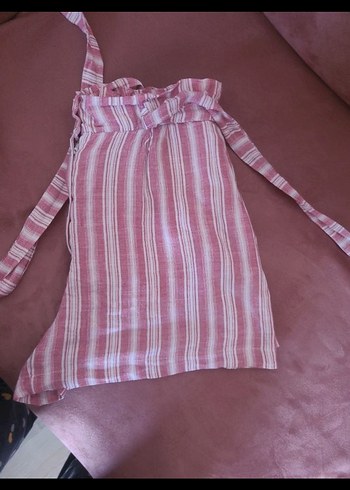 Dagi Pembe Çizgili Mini Keten Şort - Görsel 4