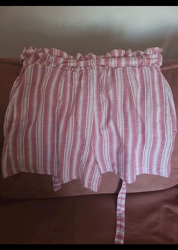 Dagi Pembe Çizgili Mini Keten Şort - Görsel 3