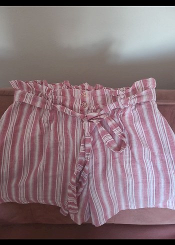 Dagi Pembe Çizgili Mini Keten Şort - Görsel 2