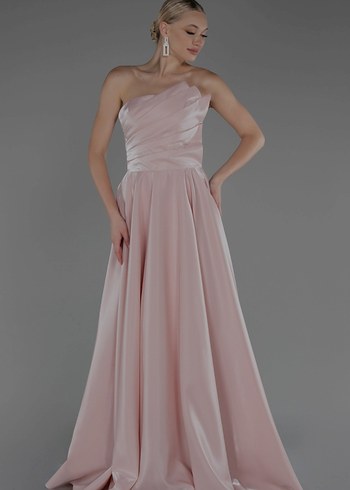 HOTCONTACT marka Pudra Renk Drapeli Uzun Abiye Elbise - Görsel 5