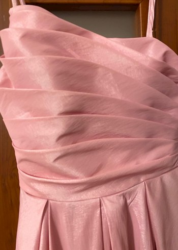 HOTCONTACT marka Pudra Renk Drapeli Uzun Abiye Elbise - Görsel 8