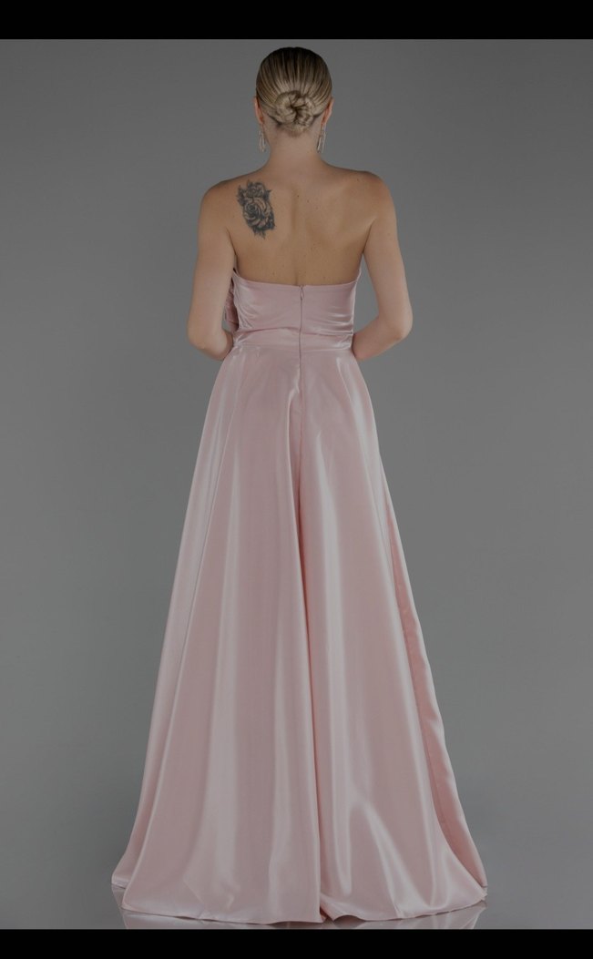 HOTCONTACT marka Pudra Renk Drapeli Uzun Abiye Elbise - Görsel 4