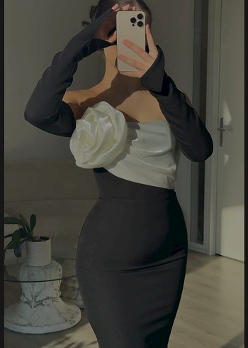 HOTCONTACT Marka Uzun Siyah Straplez Drapeli Abiye Elbise - Görsel 4