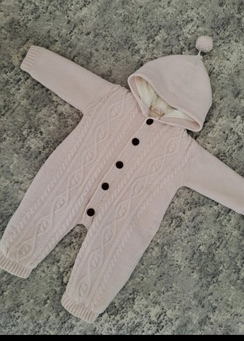 Kapüşonlu Örgü Desensiz Pembe Bebek Tulumu - Görsel 5