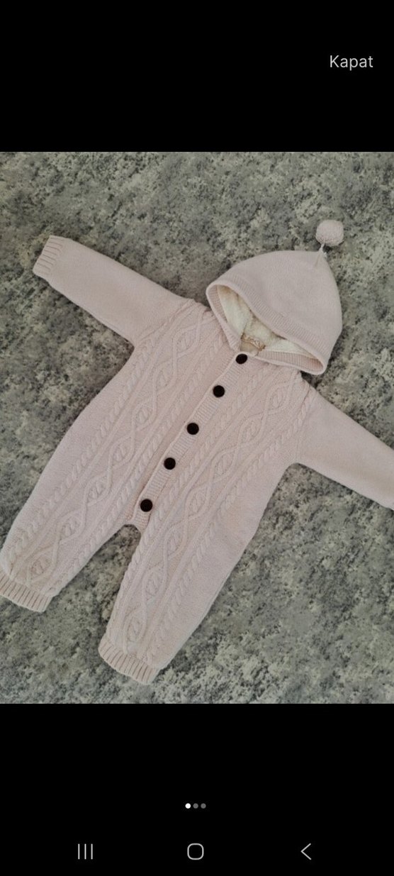 Kapüşonlu Örgü Desensiz Pembe Bebek Tulumu - Görsel 5